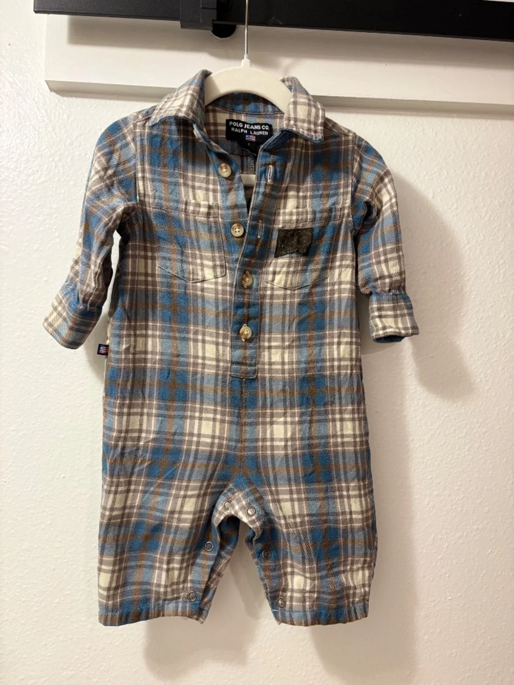 Ralph Lauren Infant Boys Sz 6M Blue Plaid Flannel One Piece Jumpsuit